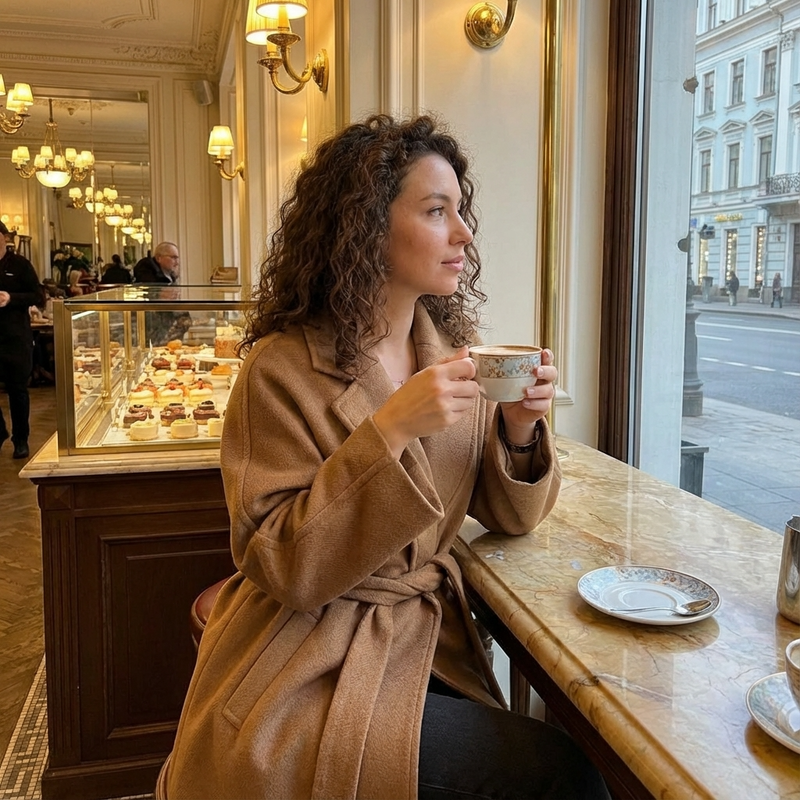 Maren Women's Belted Wrap Jacket | Camel Wool Texture, Notch Lapel Collar