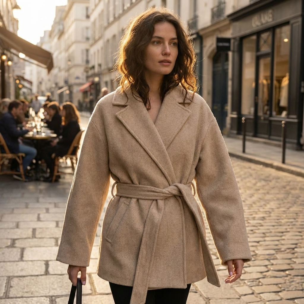Maren Women's Belted Wrap Jacket | Camel Wool Texture, Notch Lapel Collar