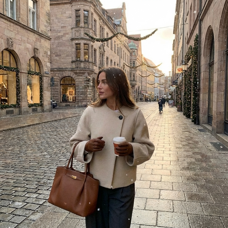 Isla Women's Cropped Coat | Wool-Blend Fabric, Single Statement Button