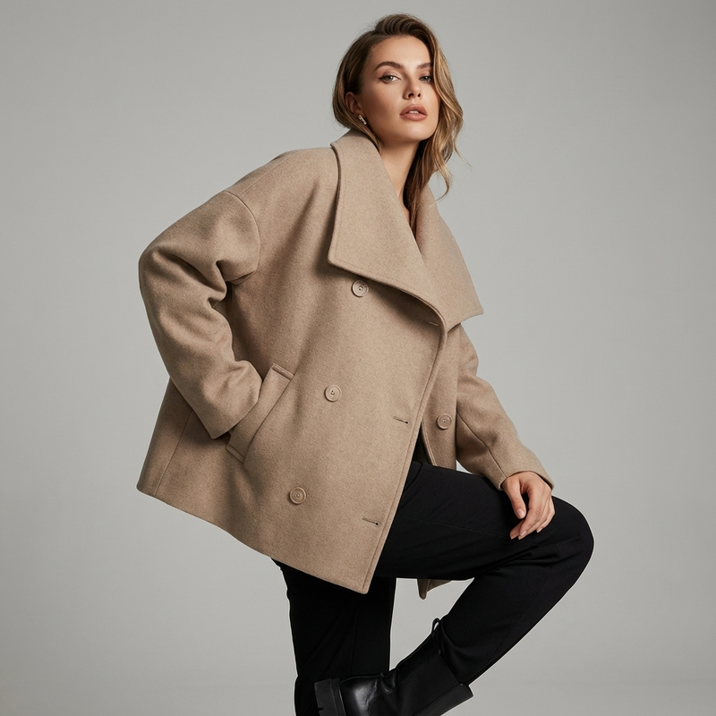 Fern Monroe Women's Wool Peacoat | Double-Breasted Buttons, Oversized Lapel Collar