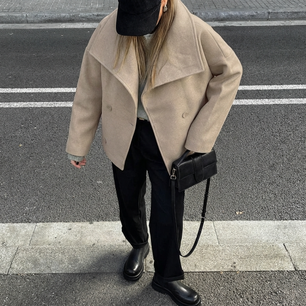 Fern Monroe Women's Wool Peacoat | Double-Breasted Buttons, Oversized Lapel Collar