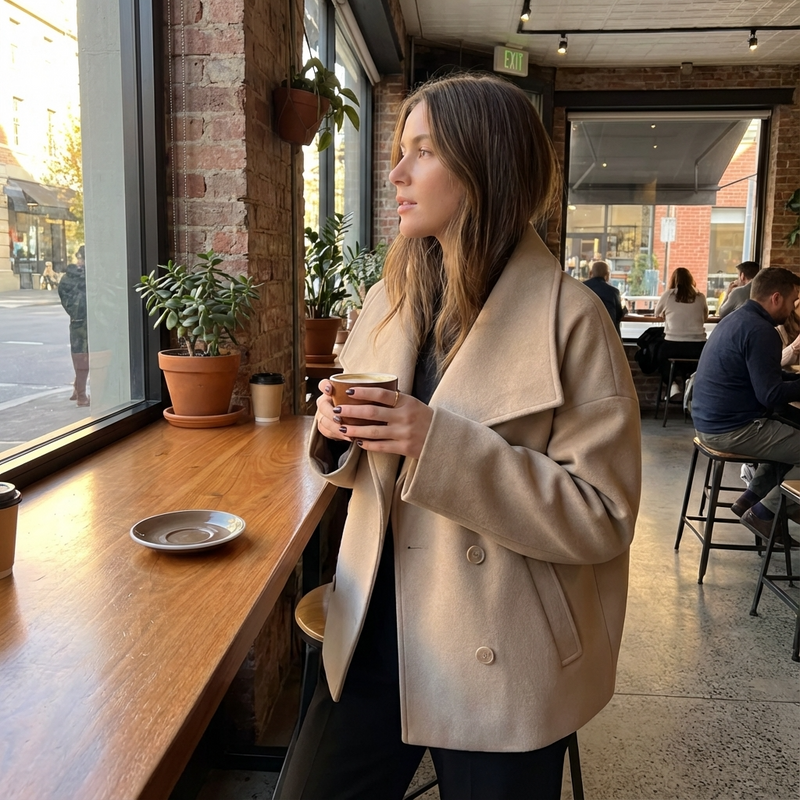 Fern Monroe Women's Wool Peacoat | Double-Breasted Buttons, Oversized Lapel Collar