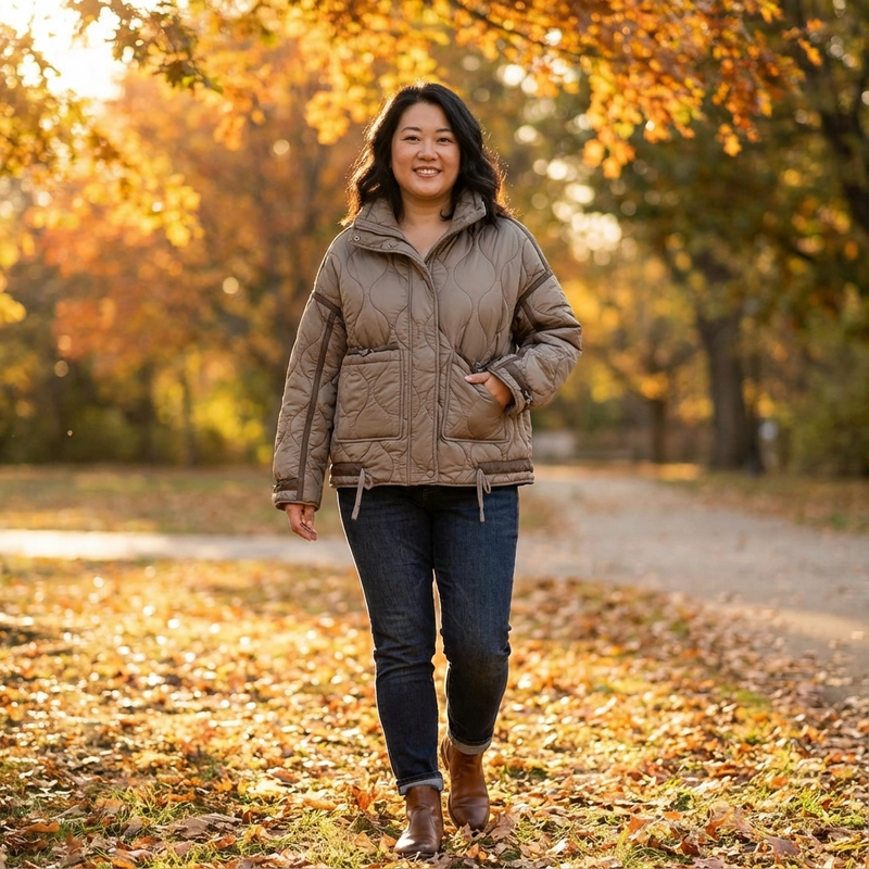 Veste matelassée à col montant pour femmes Aria | Fermeture éclair sur le devant, poches plaquées