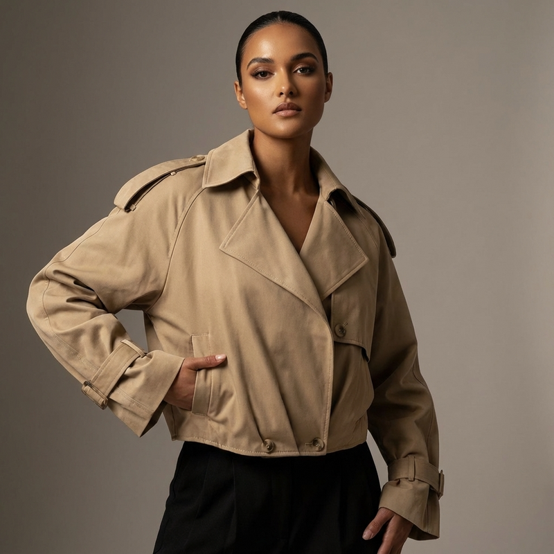 Marlow Elodie Women’s Cropped Trench Jacket | Wide Lapel, Belted Cuffs