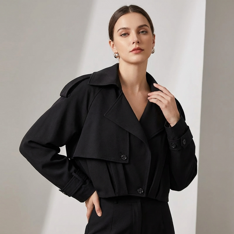 Marlow Elodie Women’s Cropped Trench Jacket | Wide Lapel, Belted Cuffs