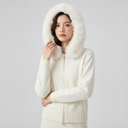 Chaqueta de Punto con Capucha para Mujeres Elowen | Cierre de Cremallera, Ribete de Piel Sintética