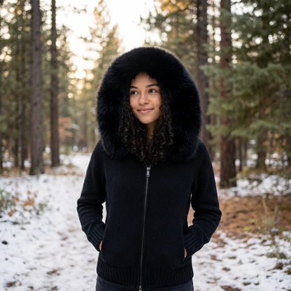Chaqueta de Punto con Capucha para Mujeres Elowen | Cierre de Cremallera, Ribete de Piel Sintética