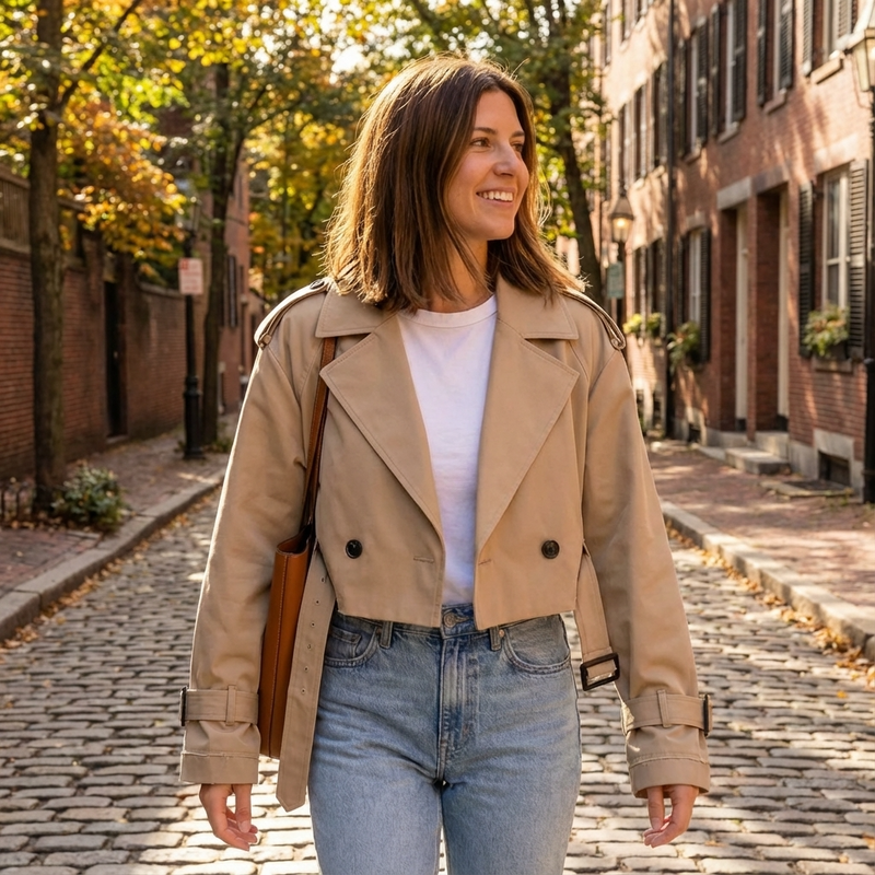 Nora Women’s Cropped Trench Jacket | Double-Breasted, Belted Cuffs