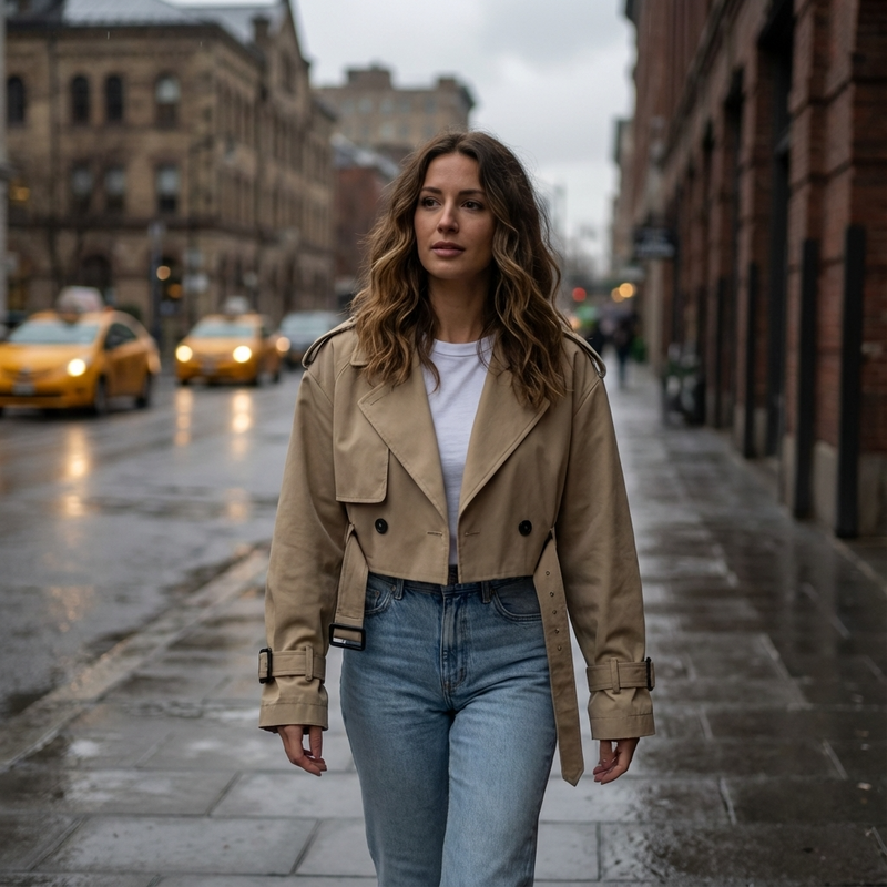 Nora Women’s Cropped Trench Jacket | Double-Breasted, Belted Cuffs