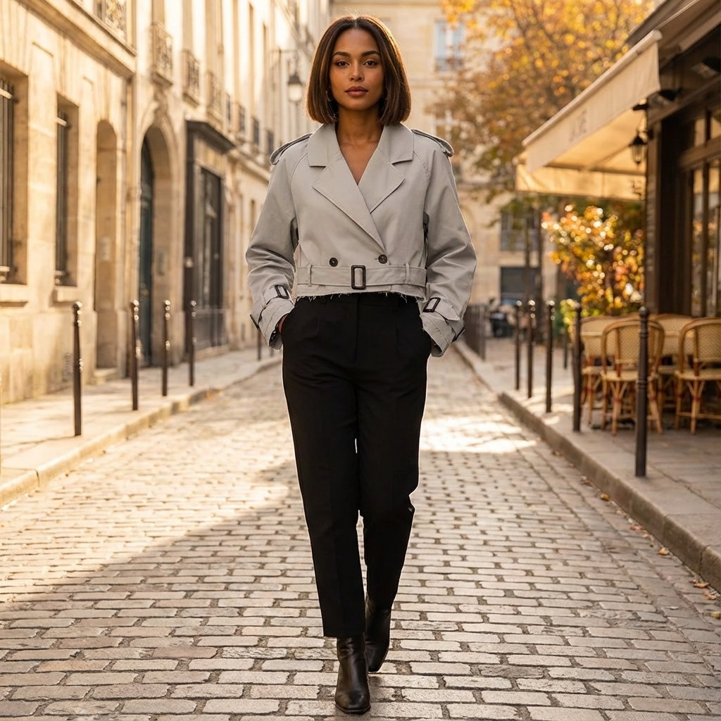 Nora Women’s Cropped Trench Jacket | Double-Breasted, Belted Cuffs