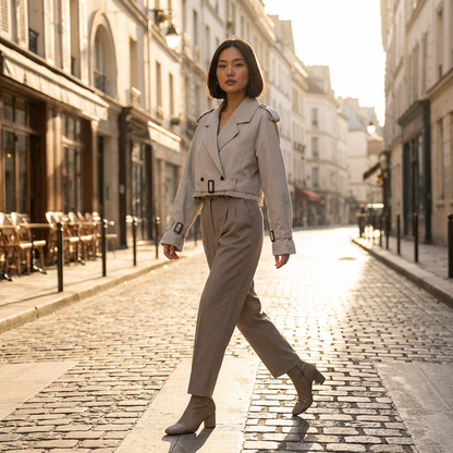 Nora Women’s Cropped Trench Jacket | Double-Breasted, Belted Cuffs
