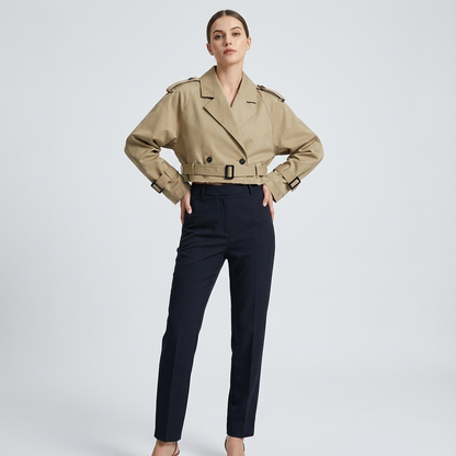Nora Women’s Cropped Trench Jacket | Double-Breasted, Belted Cuffs