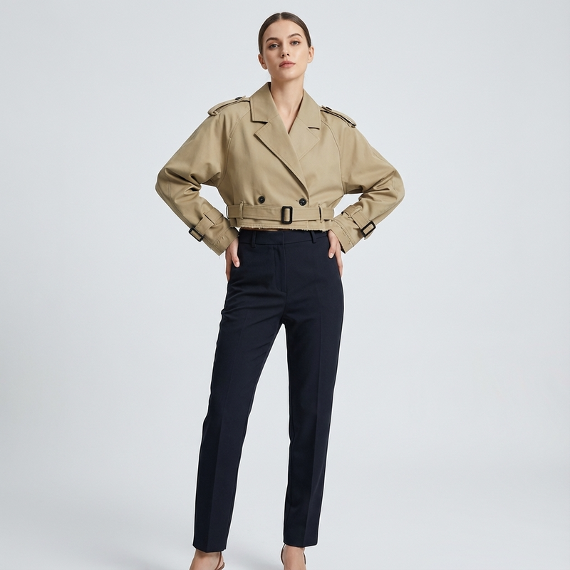 Nora Women’s Cropped Trench Jacket | Double-Breasted, Belted Cuffs