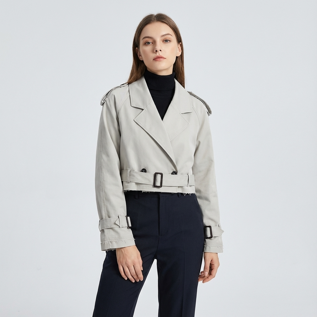 Nora Women’s Cropped Trench Jacket | Double-Breasted, Belted Cuffs