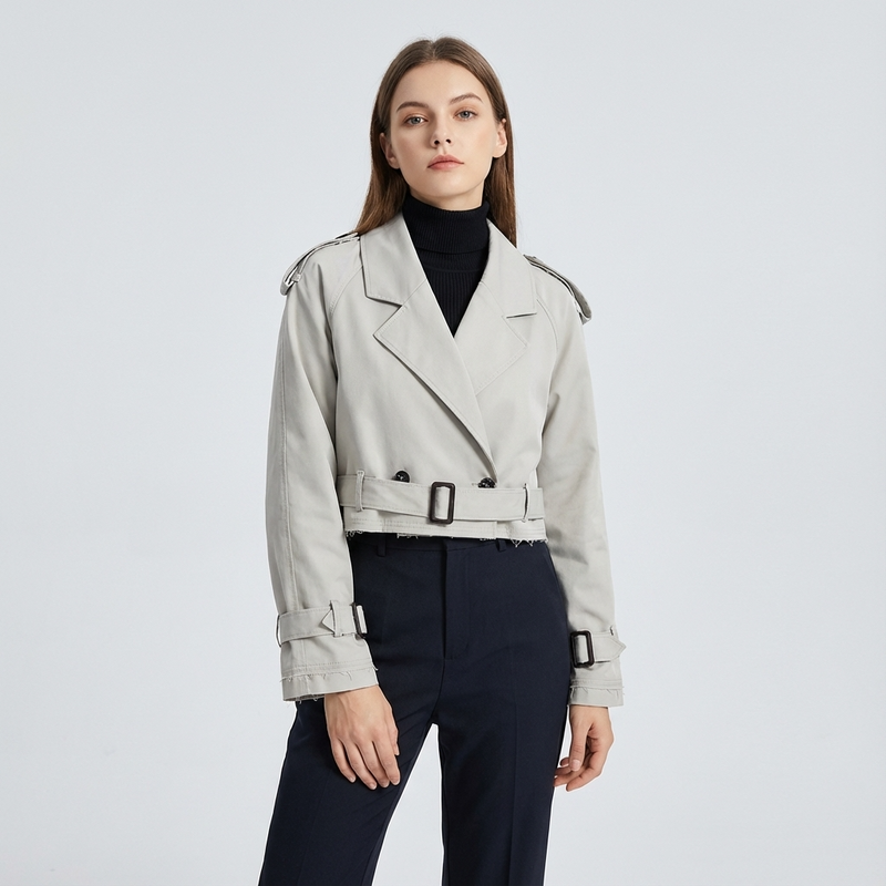 Nora Women’s Cropped Trench Jacket | Double-Breasted, Belted Cuffs