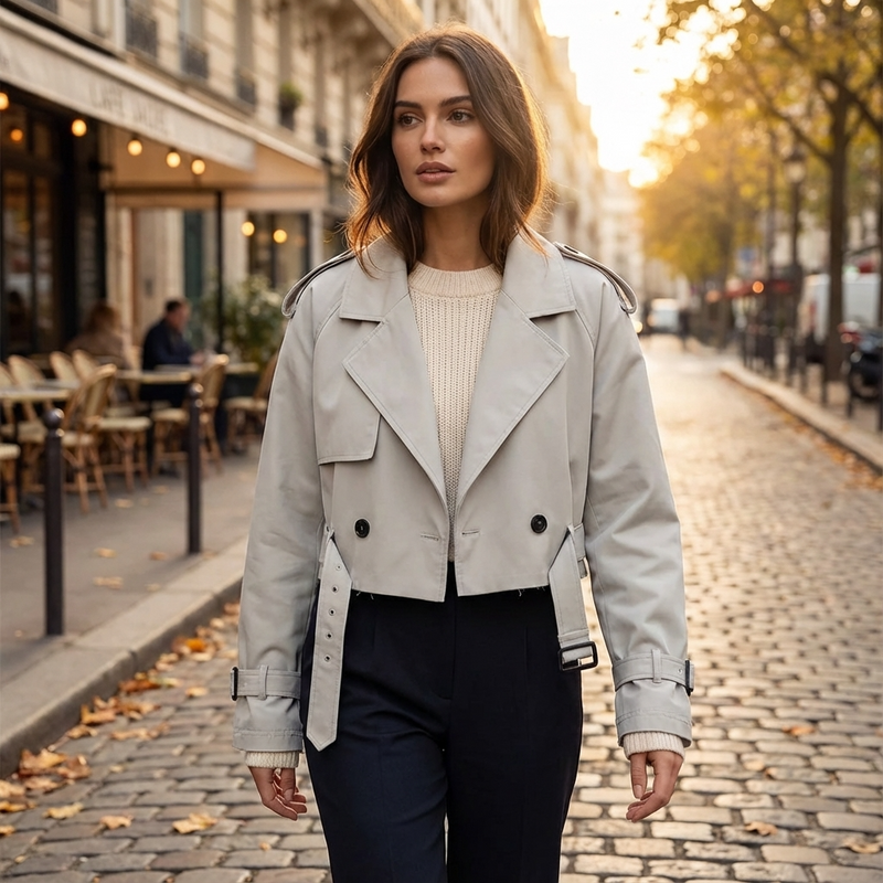 Nora Women’s Cropped Trench Jacket | Double-Breasted, Belted Cuffs