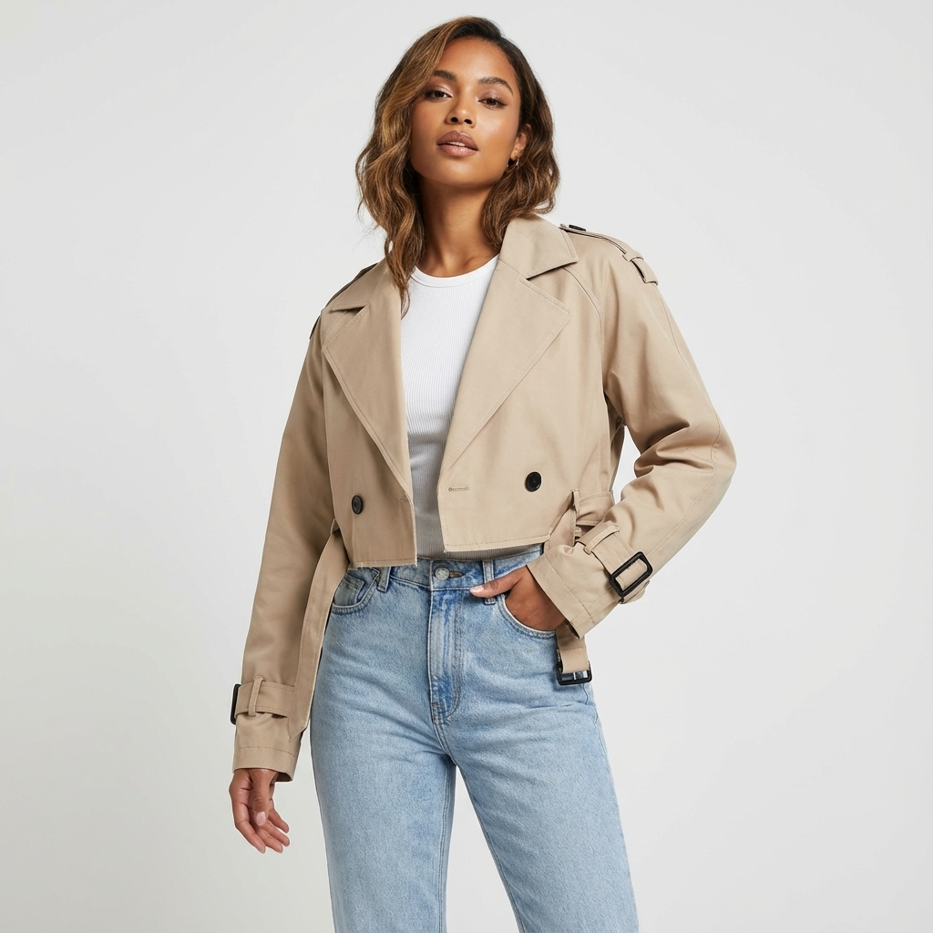 Nora Women’s Cropped Trench Jacket | Double-Breasted, Belted Cuffs