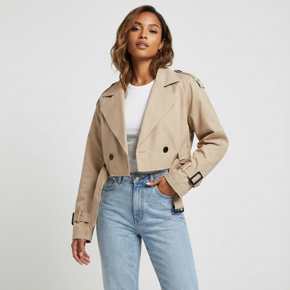Nora Women’s Cropped Trench Jacket | Double-Breasted, Belted Cuffs
