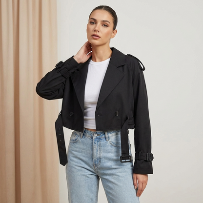 Nora Women’s Cropped Trench Jacket | Double-Breasted, Belted Cuffs