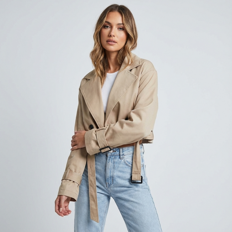 Nora Women’s Cropped Trench Jacket | Double-Breasted, Belted Cuffs