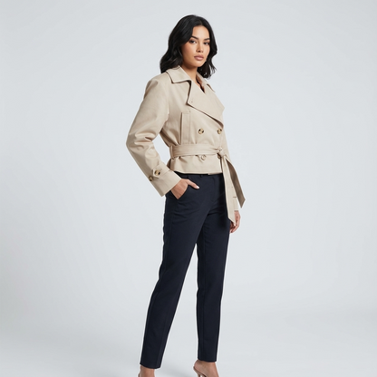 Aspen Elodie Women’s Cropped Trench Coat | Double-Breasted, Belted Waist