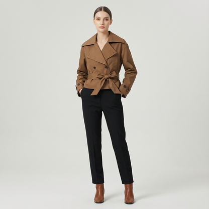 Aspen Elodie Women’s Cropped Trench Coat | Double-Breasted, Belted Waist