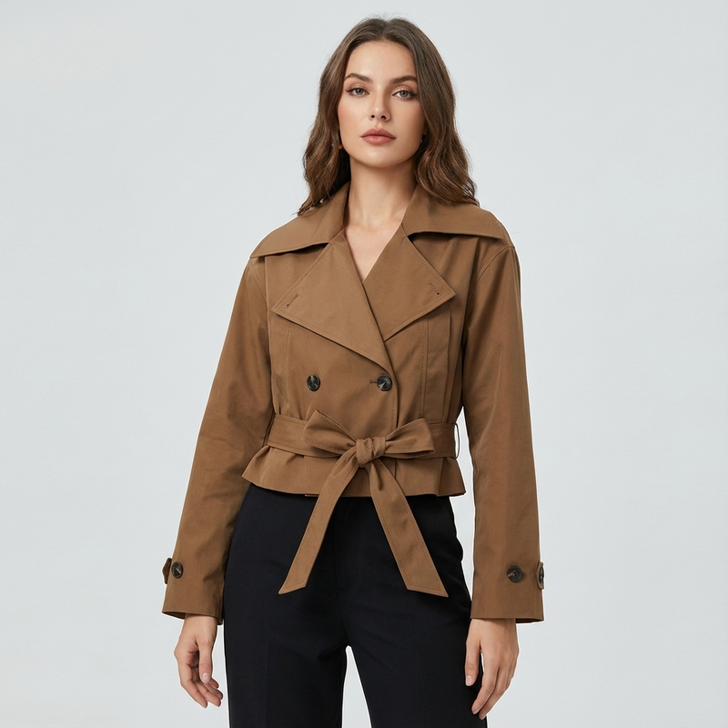 Aspen Elodie Women’s Cropped Trench Coat | Double-Breasted, Belted Waist