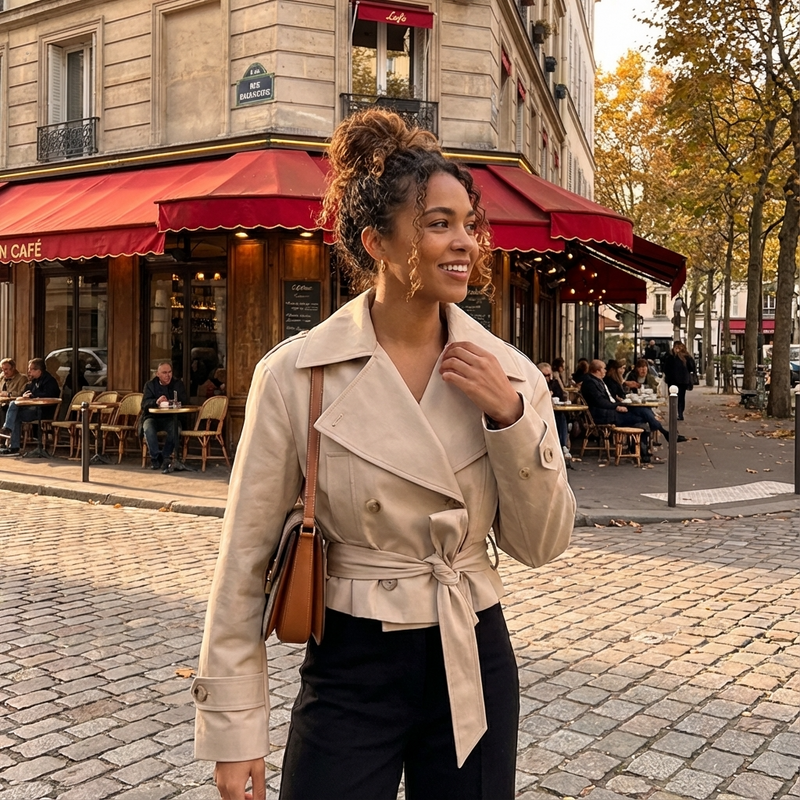 Aspen Elodie Women’s Cropped Trench Coat | Double-Breasted, Belted Waist