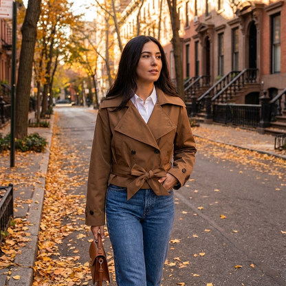 Aspen Elodie Women’s Cropped Trench Coat | Double-Breasted, Belted Waist