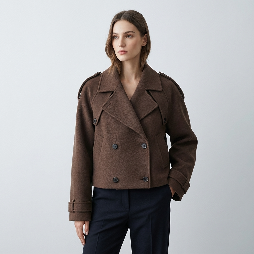 Elara Women's Cropped Trench Coat | Wool Blend Fabric, Double-Breasted Button Front