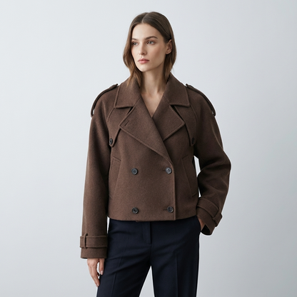 Elara Women's Cropped Trench Coat | Wool Blend Fabric, Double-Breasted Button Front