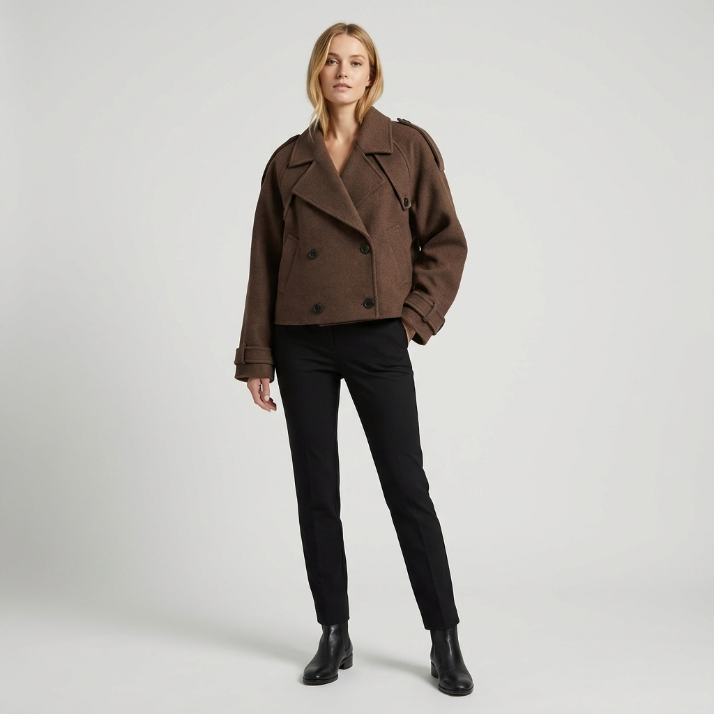 Elara Women's Cropped Trench Coat | Wool Blend Fabric, Double-Breasted Button Front