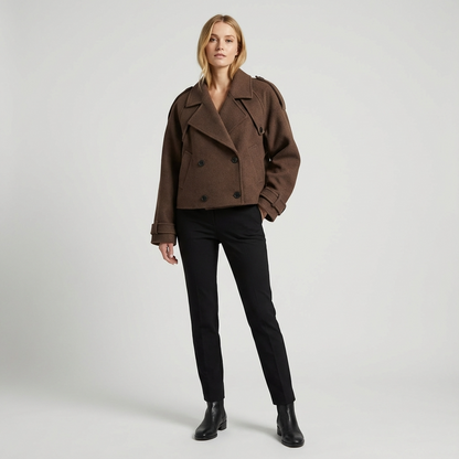 Elara Women's Cropped Trench Coat | Wool Blend Fabric, Double-Breasted Button Front