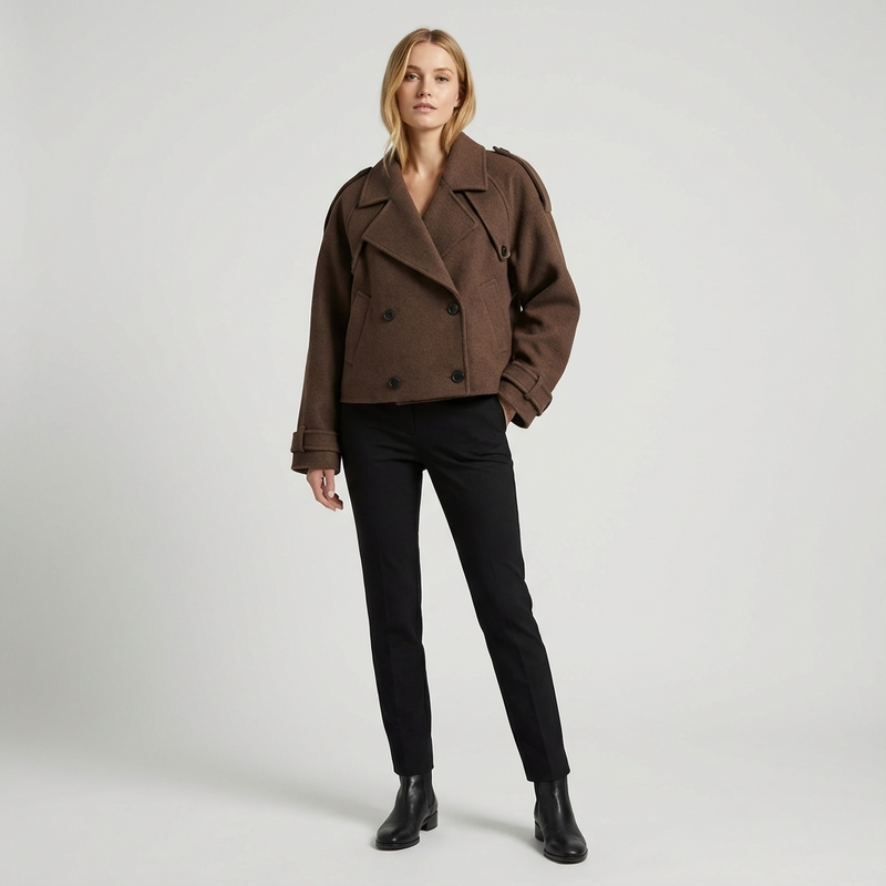 Elara Women's Cropped Trench Coat | Wool Blend Fabric, Double-Breasted Button Front