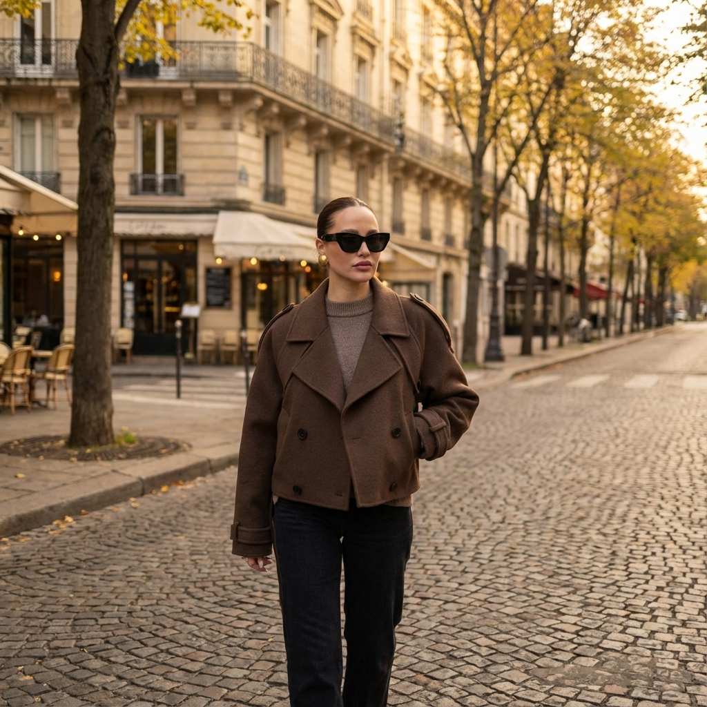 Elara Women's Cropped Trench Coat | Wool Blend Fabric, Double-Breasted Button Front