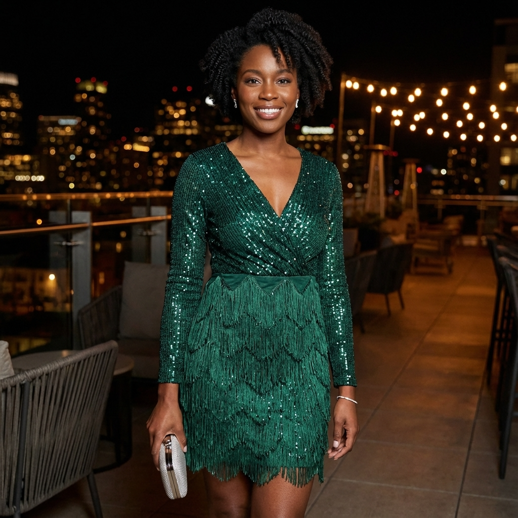 Aurielle Women’s Long Sleeve Sequin Mini Dress | V-Neck, Tiered Fringe