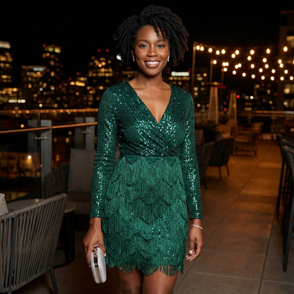 Aurielle Women’s Long Sleeve Sequin Mini Dress | V-Neck, Tiered Fringe