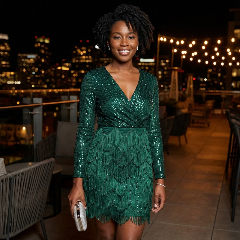 Aurielle Women’s Long Sleeve Sequin Mini Dress | V-Neck, Tiered Fringe