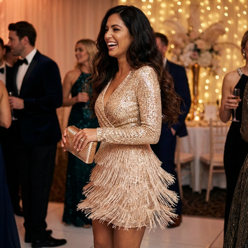 Aurielle Women’s Long Sleeve Sequin Mini Dress | V-Neck, Tiered Fringe