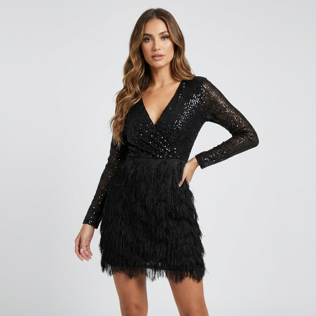 Aurielle Women’s Long Sleeve Sequin Mini Dress | V-Neck, Tiered Fringe