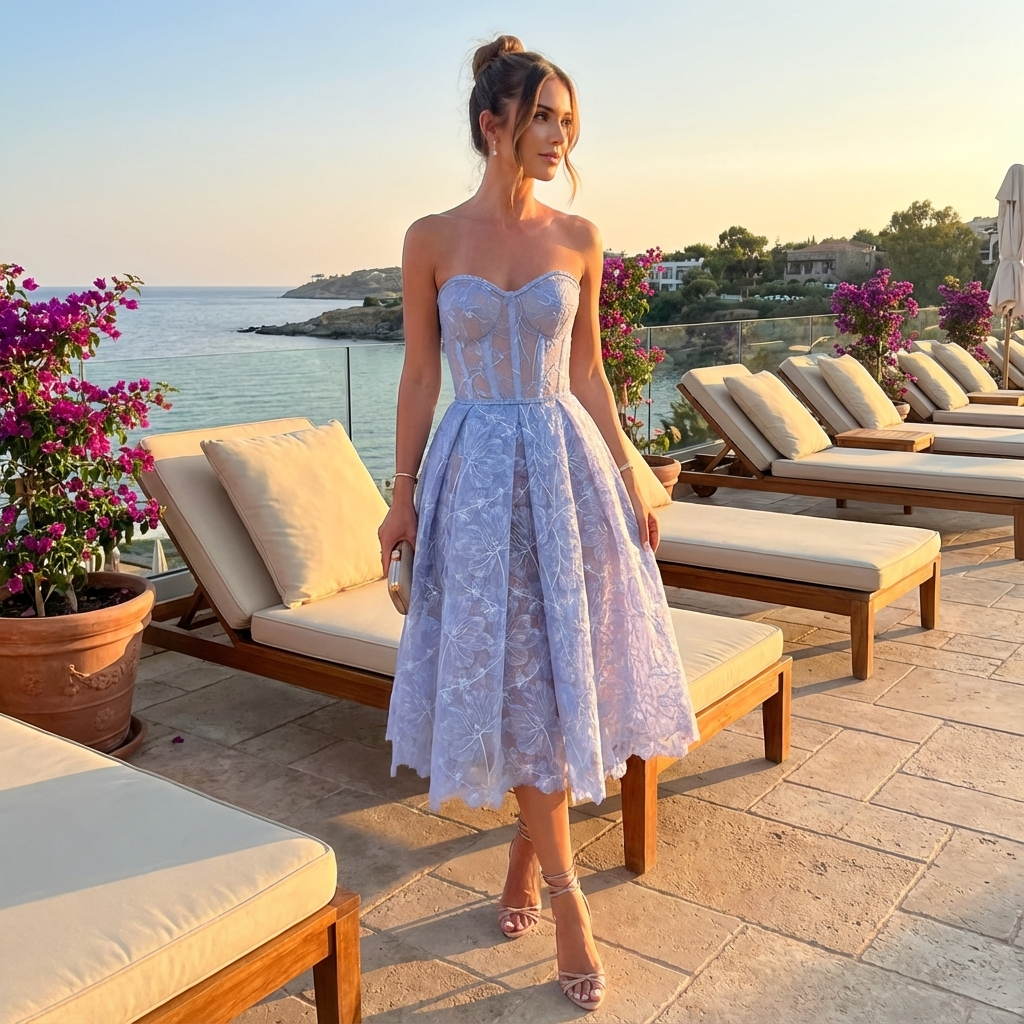 Seraphina Women’s Strapless Lace Midi Dress | Sweetheart Neckline, Flared Skirt