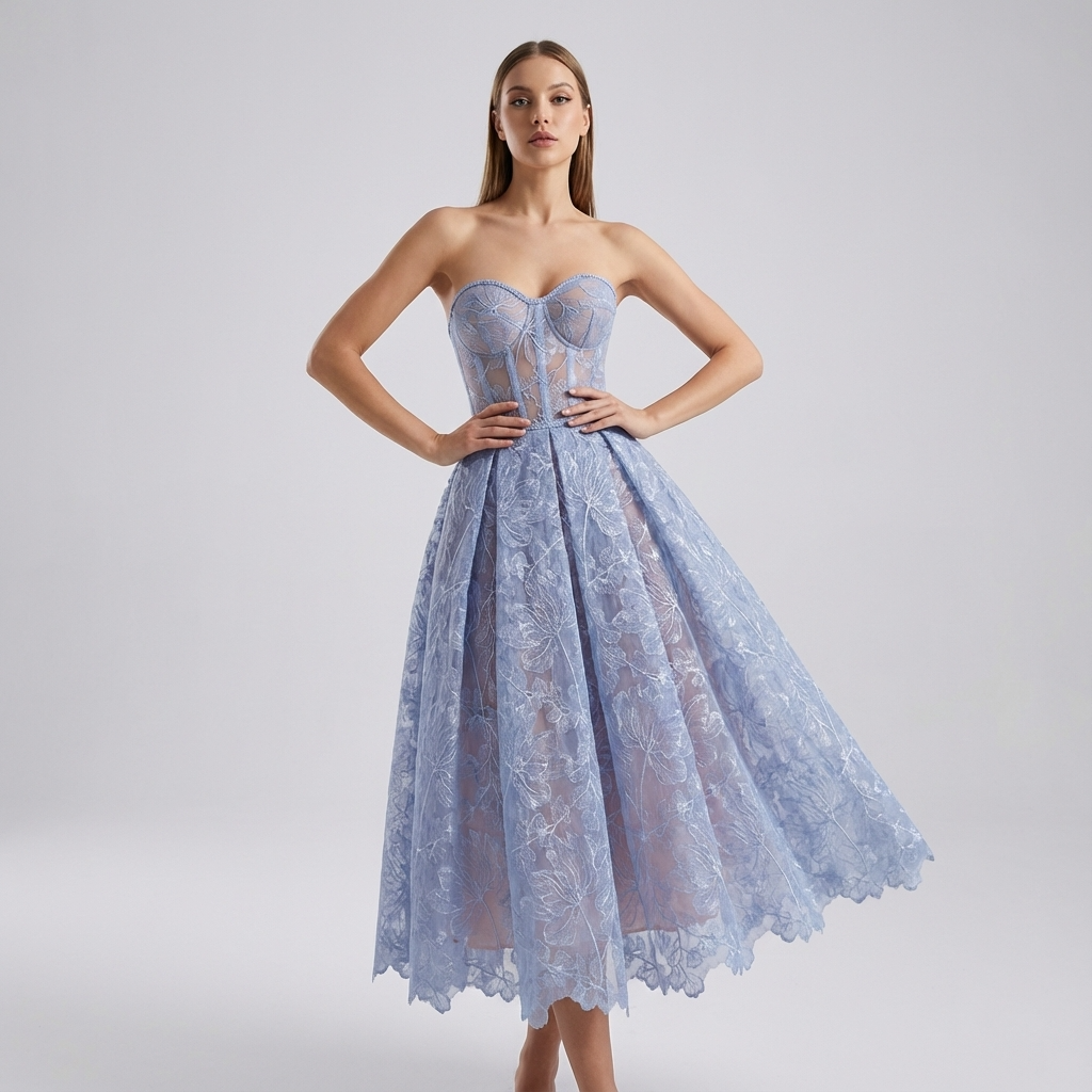 Seraphina Women’s Strapless Lace Midi Dress | Sweetheart Neckline, Flared Skirt