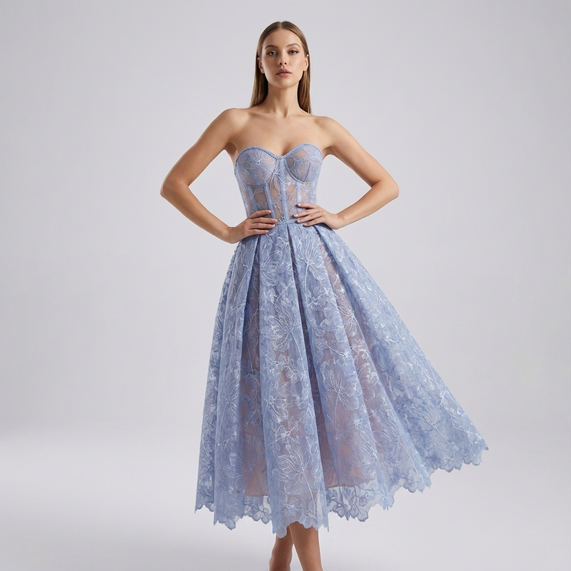 Seraphina Women’s Strapless Lace Midi Dress | Sweetheart Neckline, Flared Skirt