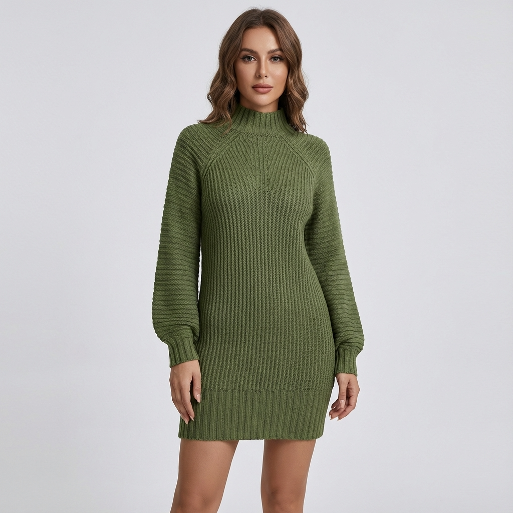 Seren Women’s Ribbed Knit Jumper Dress | High Neck, Mini Length