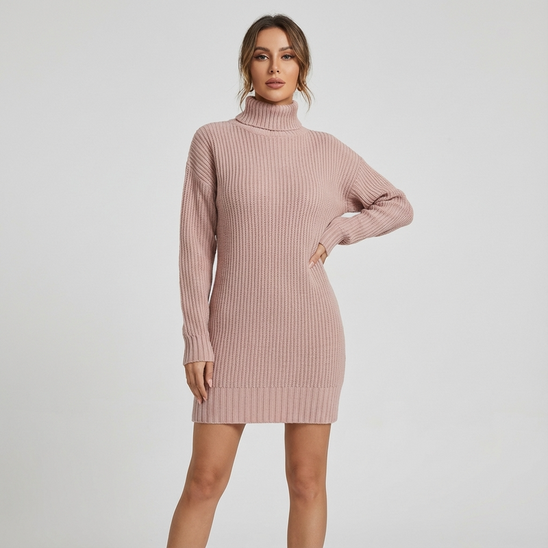 Seren Women’s Ribbed Knit Jumper Dress | High Neck, Mini Length