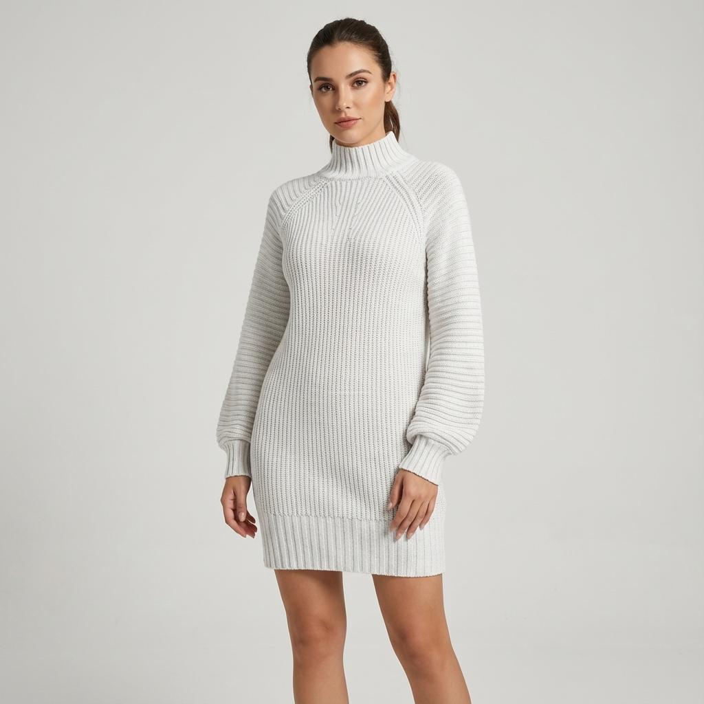 Seren Women’s Ribbed Knit Jumper Dress | High Neck, Mini Length