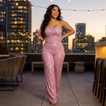 Combinaison Bustier Pailletée pour Femme Elara | 95% Polyester 5% Spandex, Pantalon Large Élégant