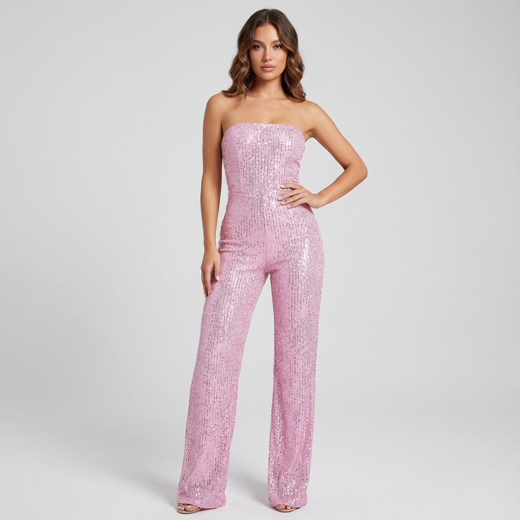 Combinaison Bustier Pailletée pour Femme Elara | 95% Polyester 5% Spandex, Pantalon Large Élégant