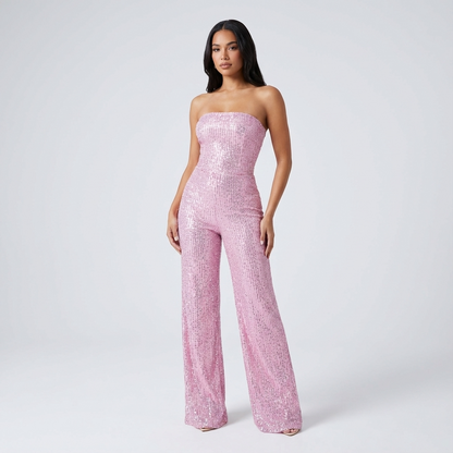 Combinaison Bustier Pailletée pour Femme Elara | 95% Polyester 5% Spandex, Pantalon Large Élégant