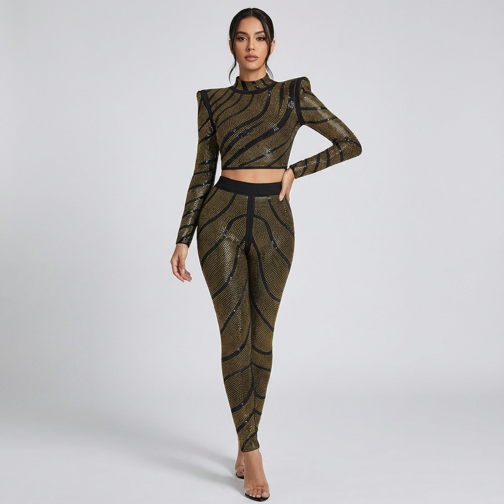 Dune Aurelia Women's Two-Piece Pantsuit | Gold Rhinestone Swirl Pattern, Structured Sho